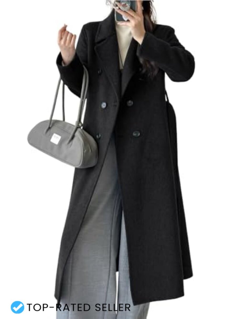 Women's Double Breasted Pea Coat Button Down Long Sleeve Belted Wool Blend